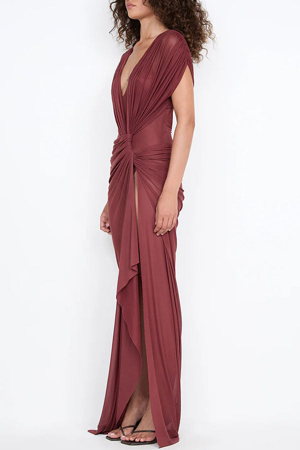 Leia Tulle Pleats and Knotted Detail Drape Slit Maxi Dress