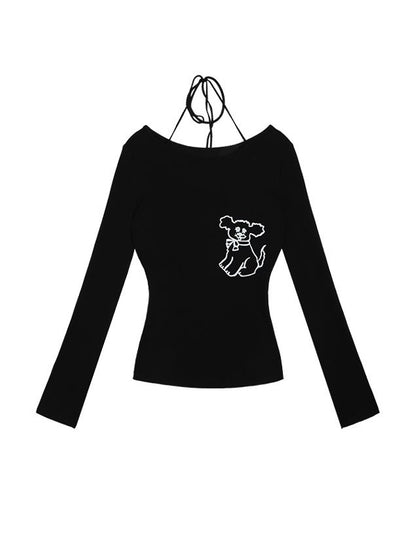Ribbed Cartoon Print Off Shoulder Long Sleeve Knit
