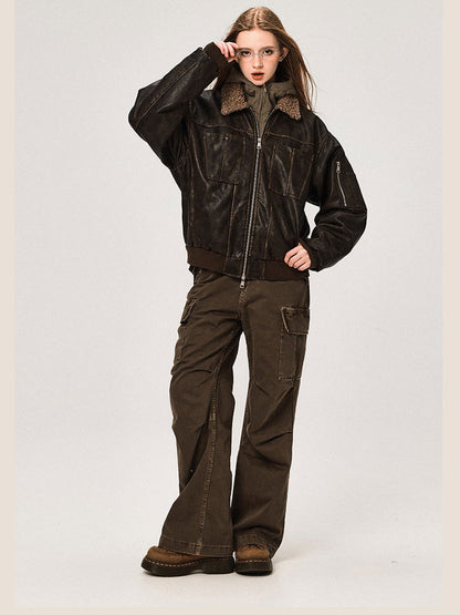 PU Leather Jacket with Lamb Wool Collar