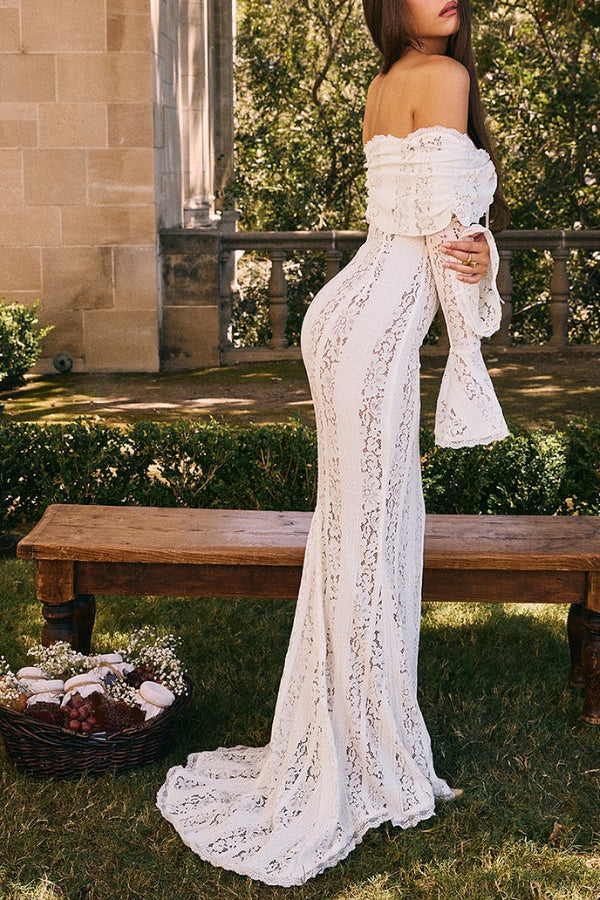 Floral Lace Off Shoulder Bell Sleeve Mermaid Maxi Dress