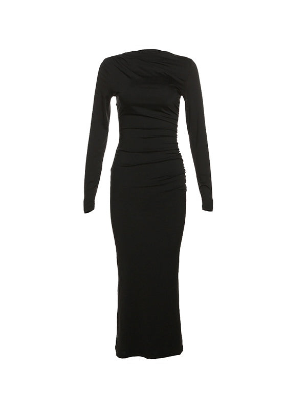 Solid Ruched Long Sleeve Maxi Dress