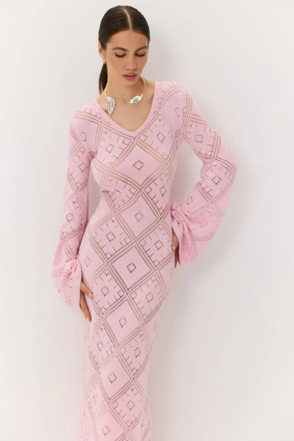 | Knit Argyle Jacquard Long Sleeve Maxi Dress