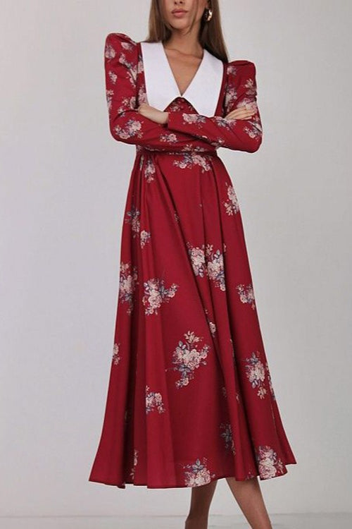 Pointed Collar Puff Shoulder Long Sleeve Cinched Waist Floral Midi Dress