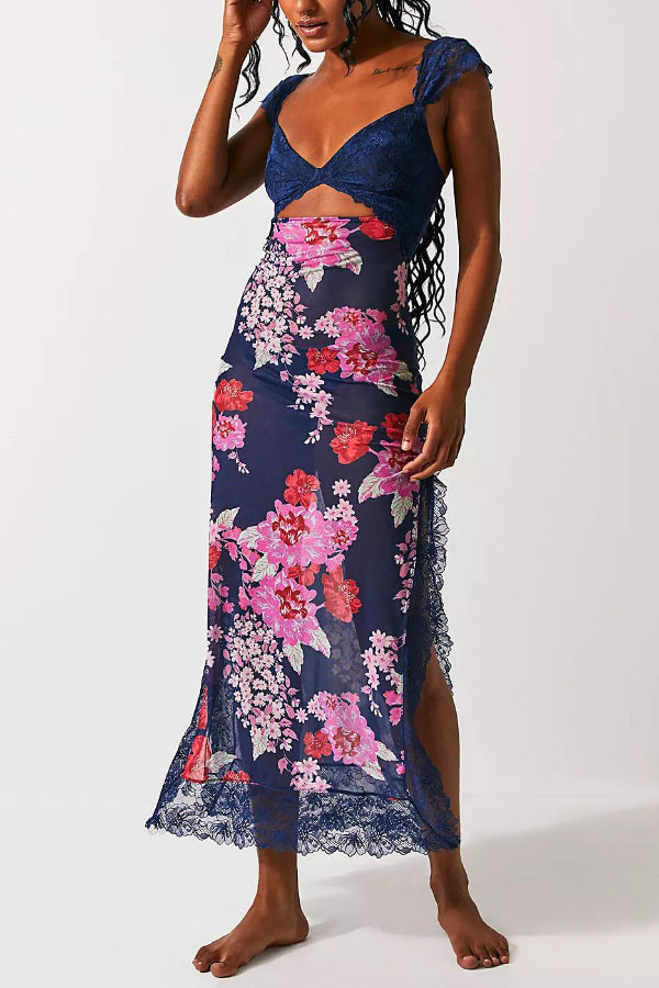 Floral Print Lace Patchwork Hollow-out Slim-fit Midi Dress