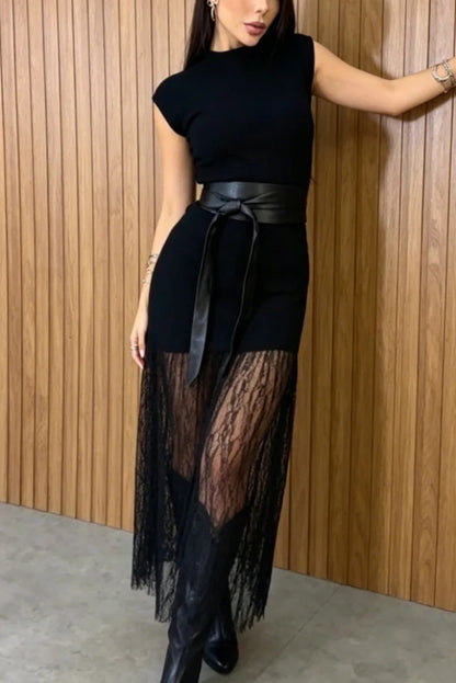 Stylish Sleeveless Spliced lace Hem Elegant Slim-fit Maxi Dress