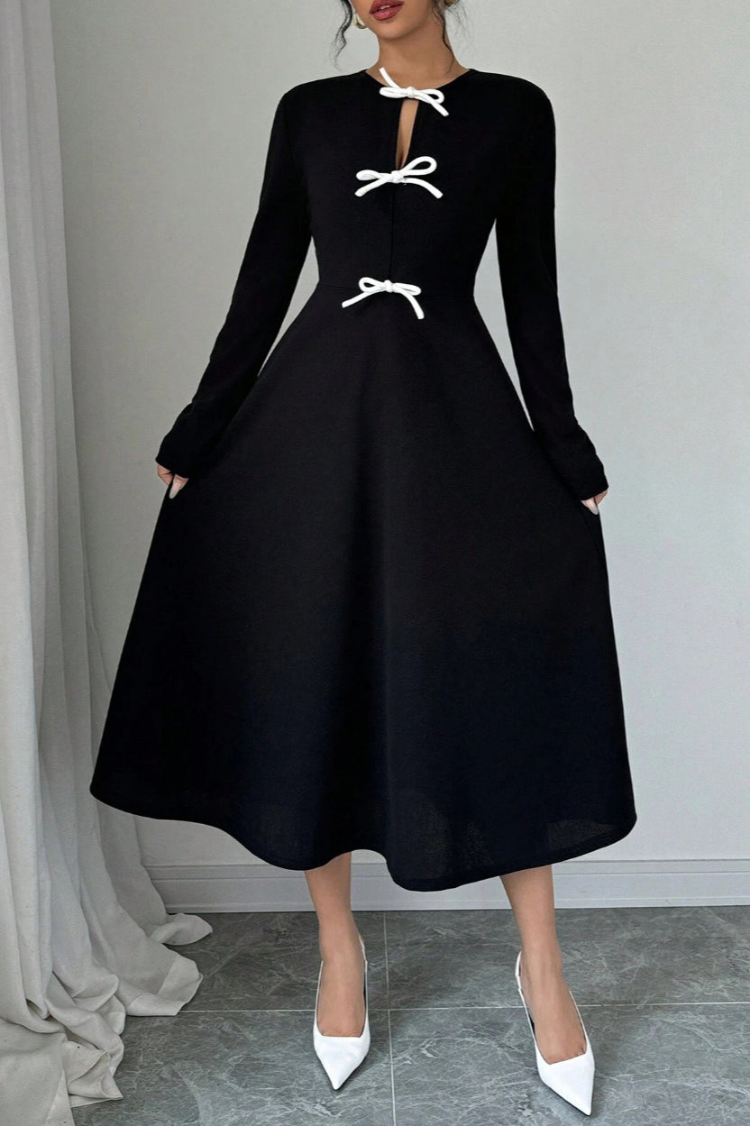 Keyhole Neckline Contrast Bow Front Long Sleeve A-Line Midi Dress