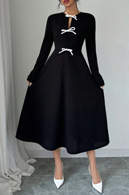 Keyhole Neckline Contrast Bow Front Long Sleeve A-Line Midi Dress