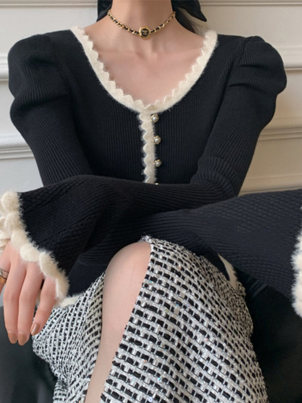 Contrast Color Scallop Trim Puff Sleeve Cardigan