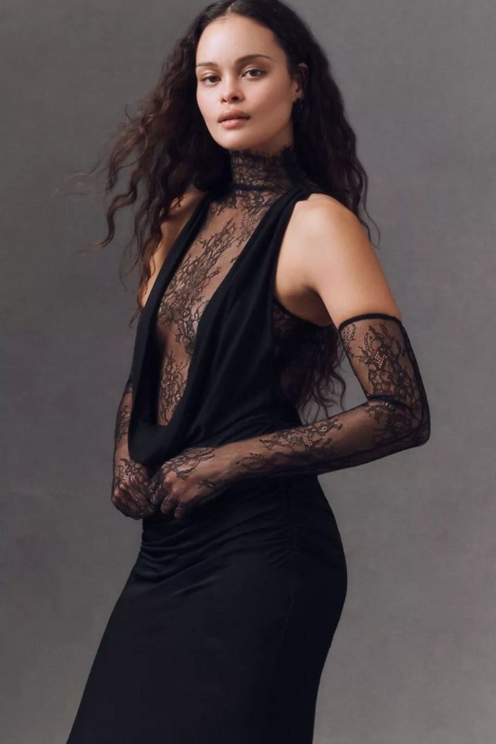 Mock Neck Lace Cowl Overlay Ruched Column Maxi Dress