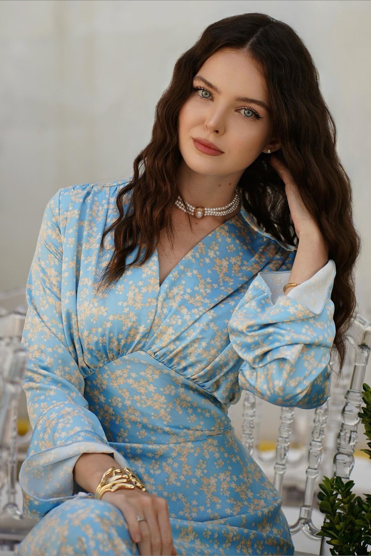 Deep V Neck Bell Sleeve Scattered Floral Satin Maxi Gown