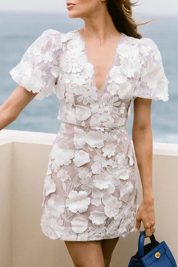 V Neck Puff Sleeve 3D Floral Appliqué Mesh Overlay Mini Dress