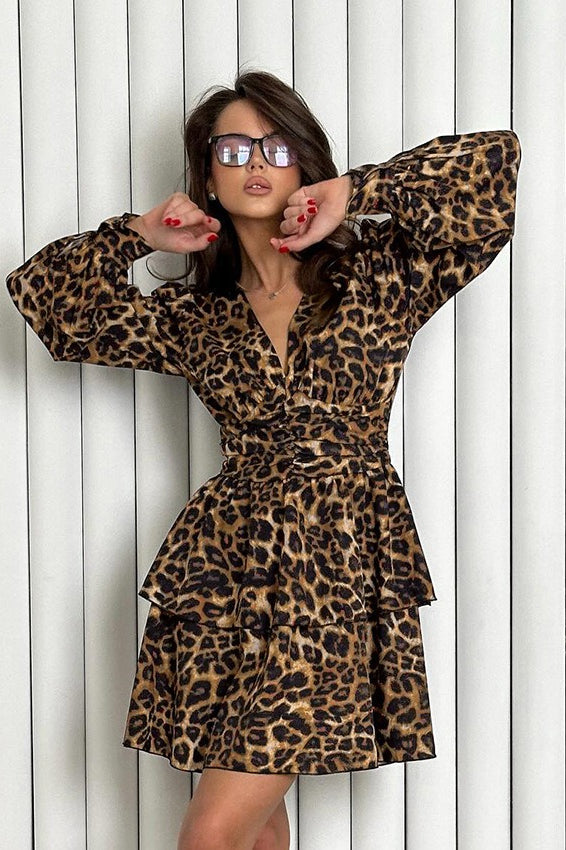 Spotted Print Deep V Wrap Puff Sleeve Tiered Ruffle Mini Dress