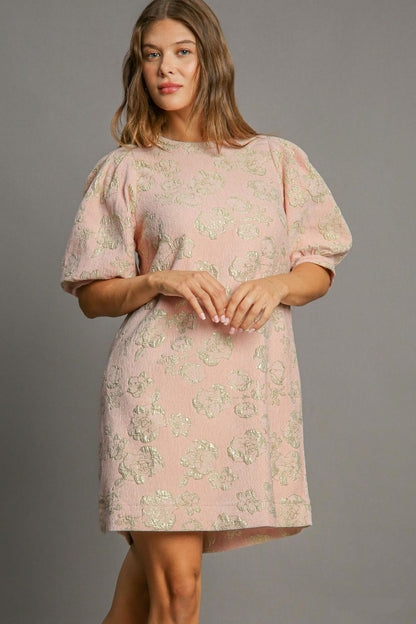 Metallic Floral Jacquard Crew Neck Puff Sleeve Shift Mini Dress