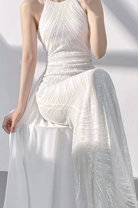 Halter Neck Chevron Sequin Mermaid Maxi Gown
