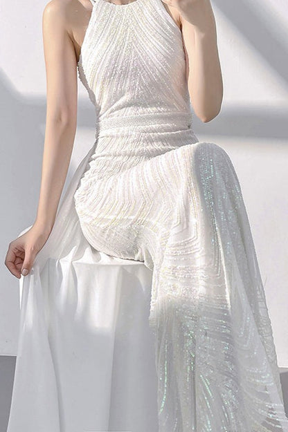 Halter Neck Chevron Sequin Mermaid Maxi Gown