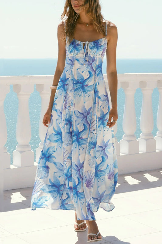 Floral Print Sleeveless Spaghetti Strap Pleated Back Vacation Maxi Dress