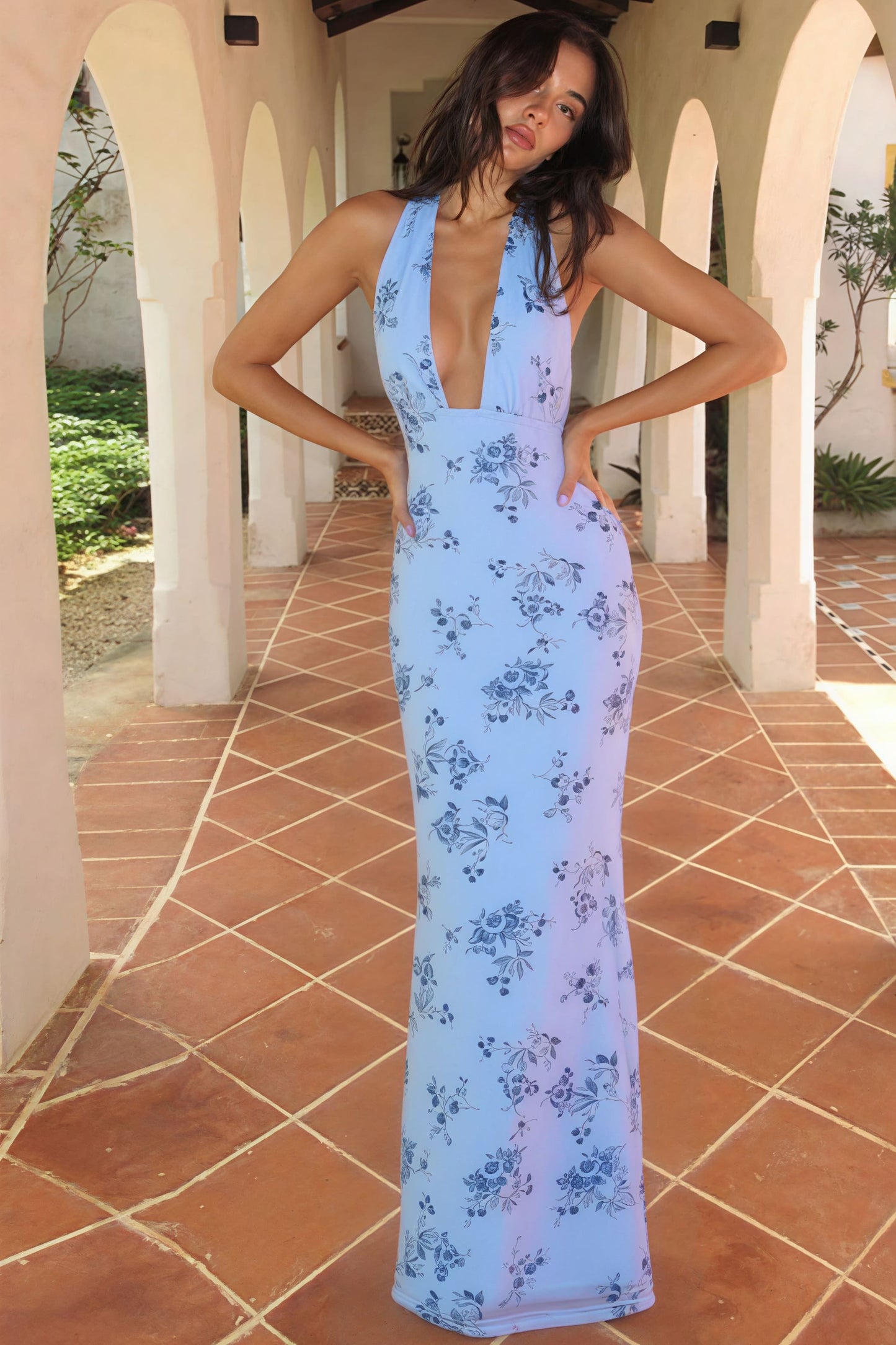 | Floral Print Deep V Backless Maxi Dress
