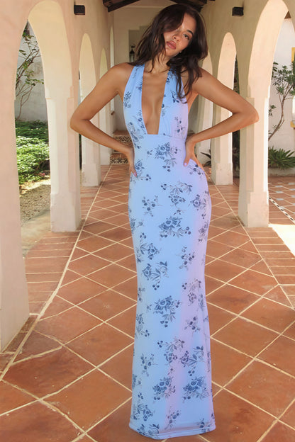 | Floral Print Deep V Backless Maxi Dress