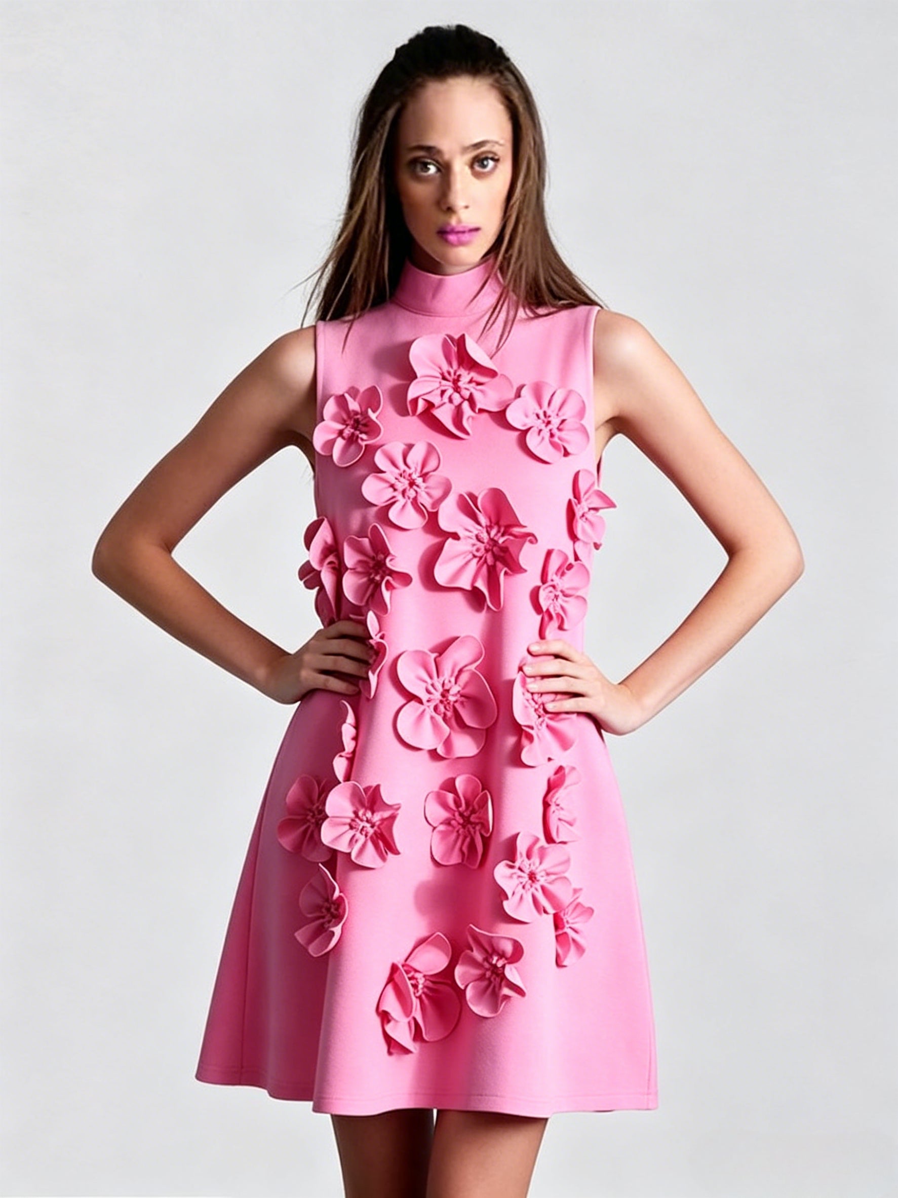 Party Dress Dresses Mini Pink Stand Collar Flowers Sleeveless Casual Semi Formal Dress