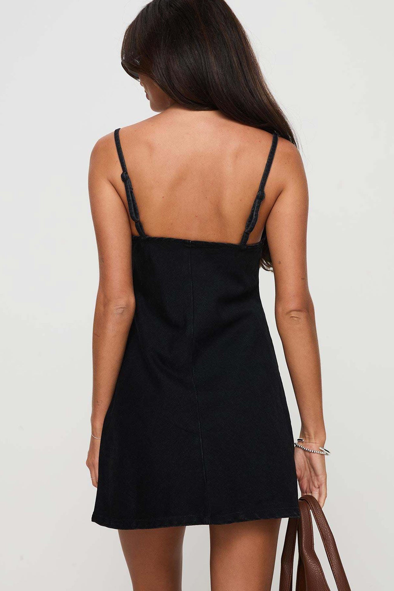 Spaghetti Strap Keyhole Cutout Contrast Stitch Denim Mini Dress