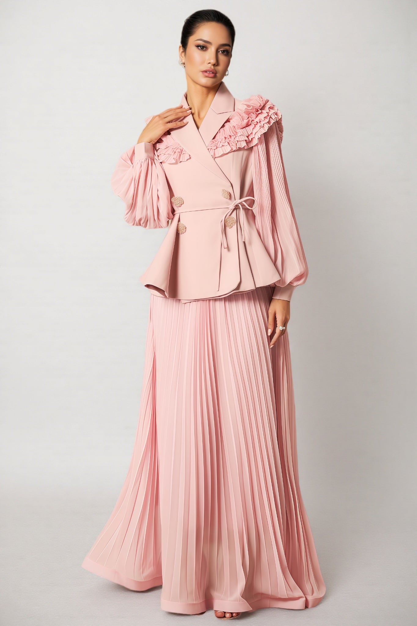 Sorel Double Breasted Pleated Maxi Dress Set