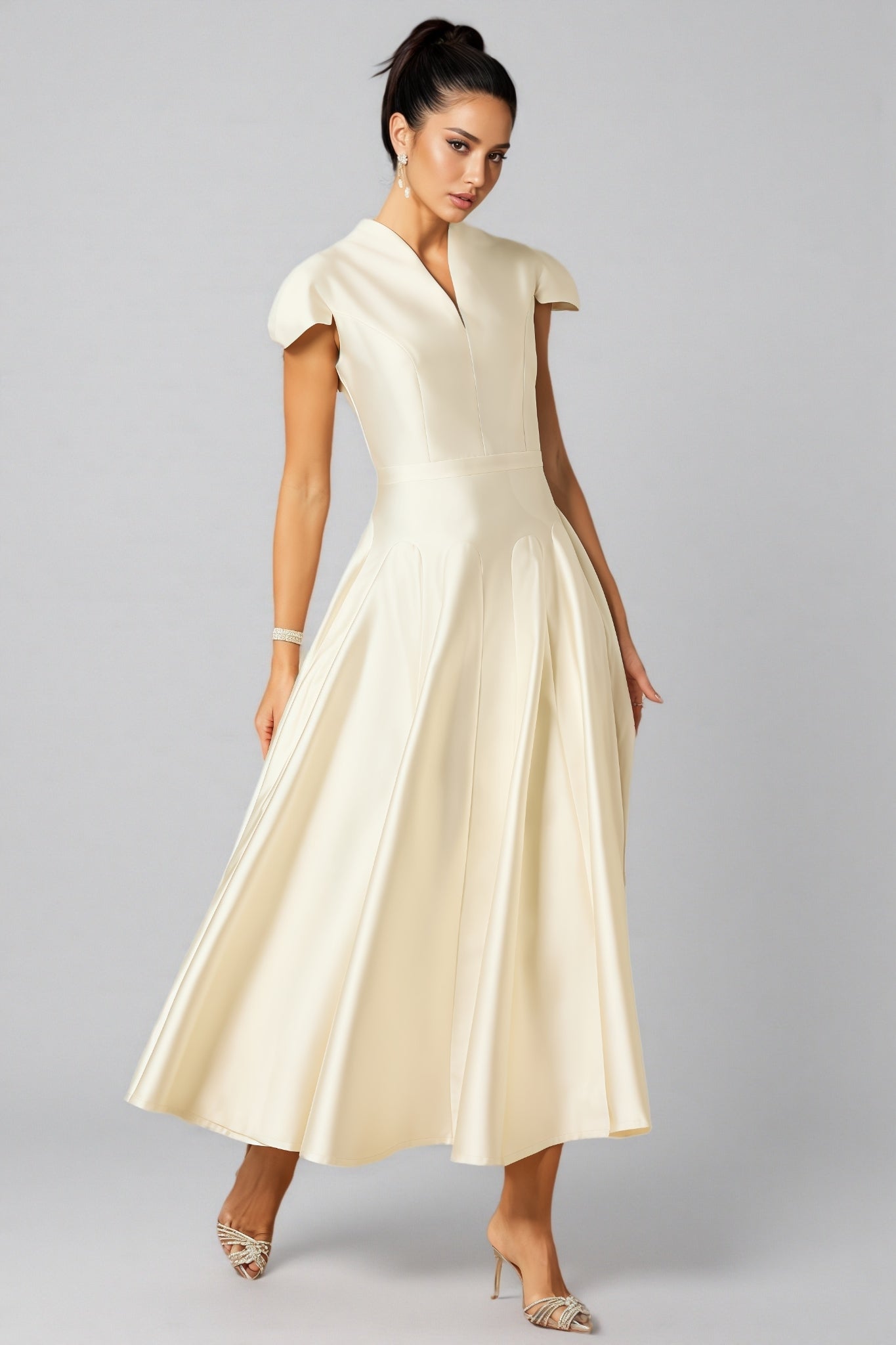 Aurelia Cap Sleeve V-Neck Satin Midi Dress