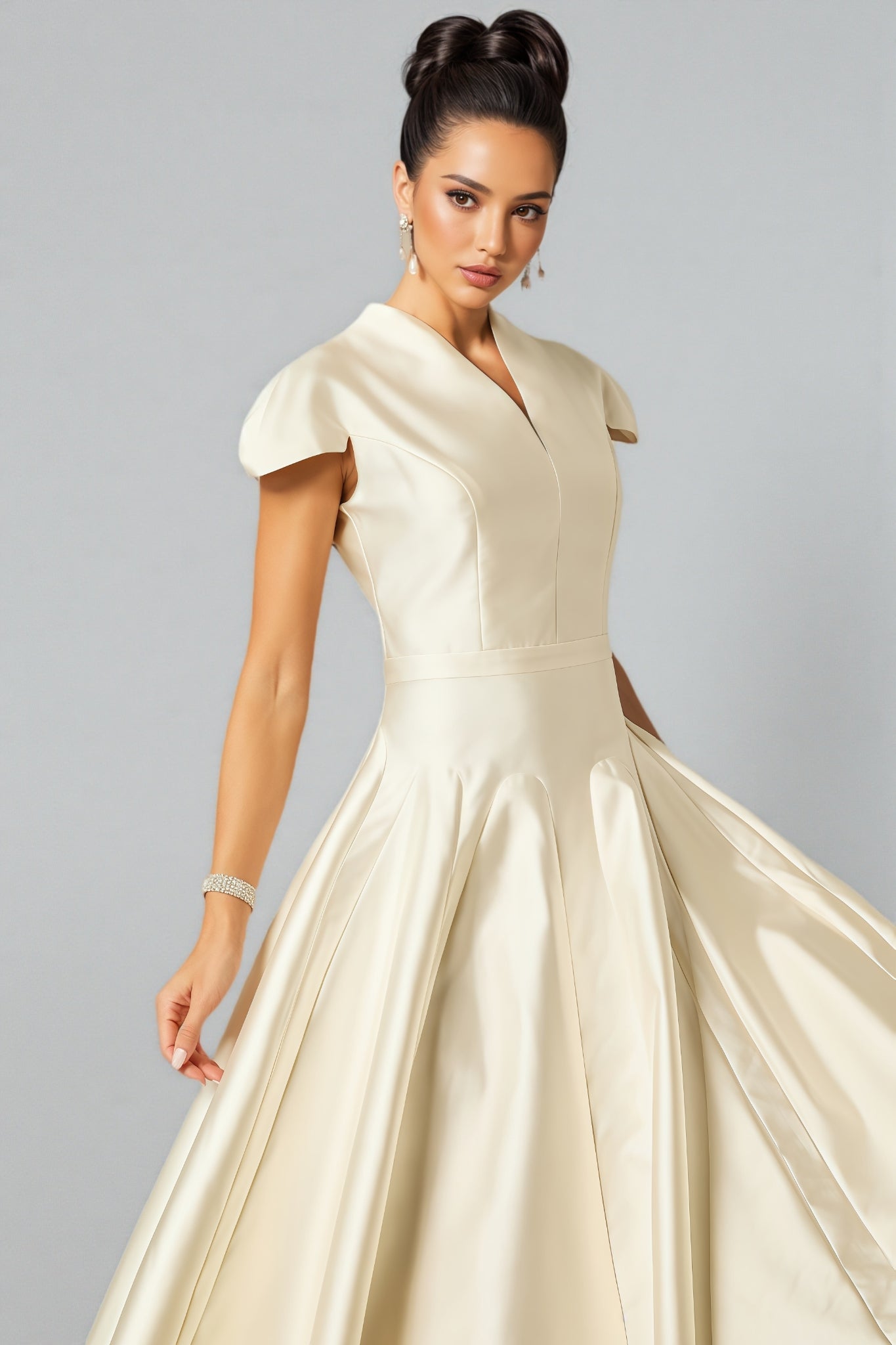 Aurelia Cap Sleeve V-Neck Satin Midi Dress