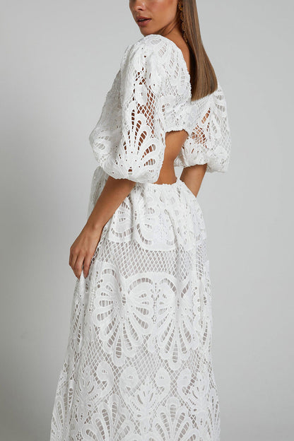 V-neck Lace Embroidery Hollow Waist Dress