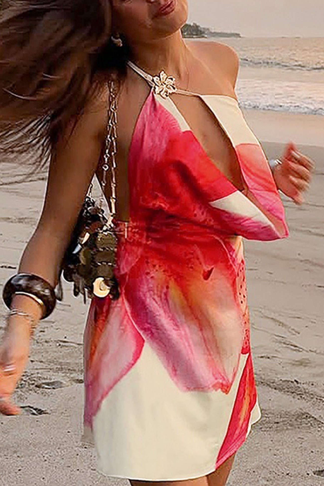 One Shoulder Teardrop Cutout Abstract Print Draped Mini Dress