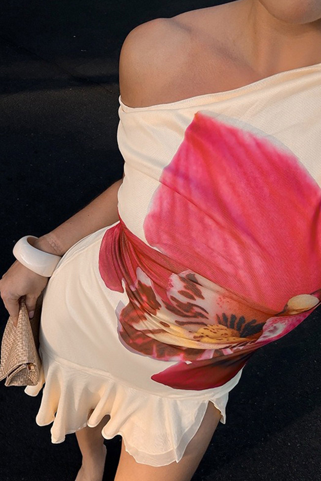 One-Shoulder Orchid Print Asymmetric Ruffle Hem Mini Dress