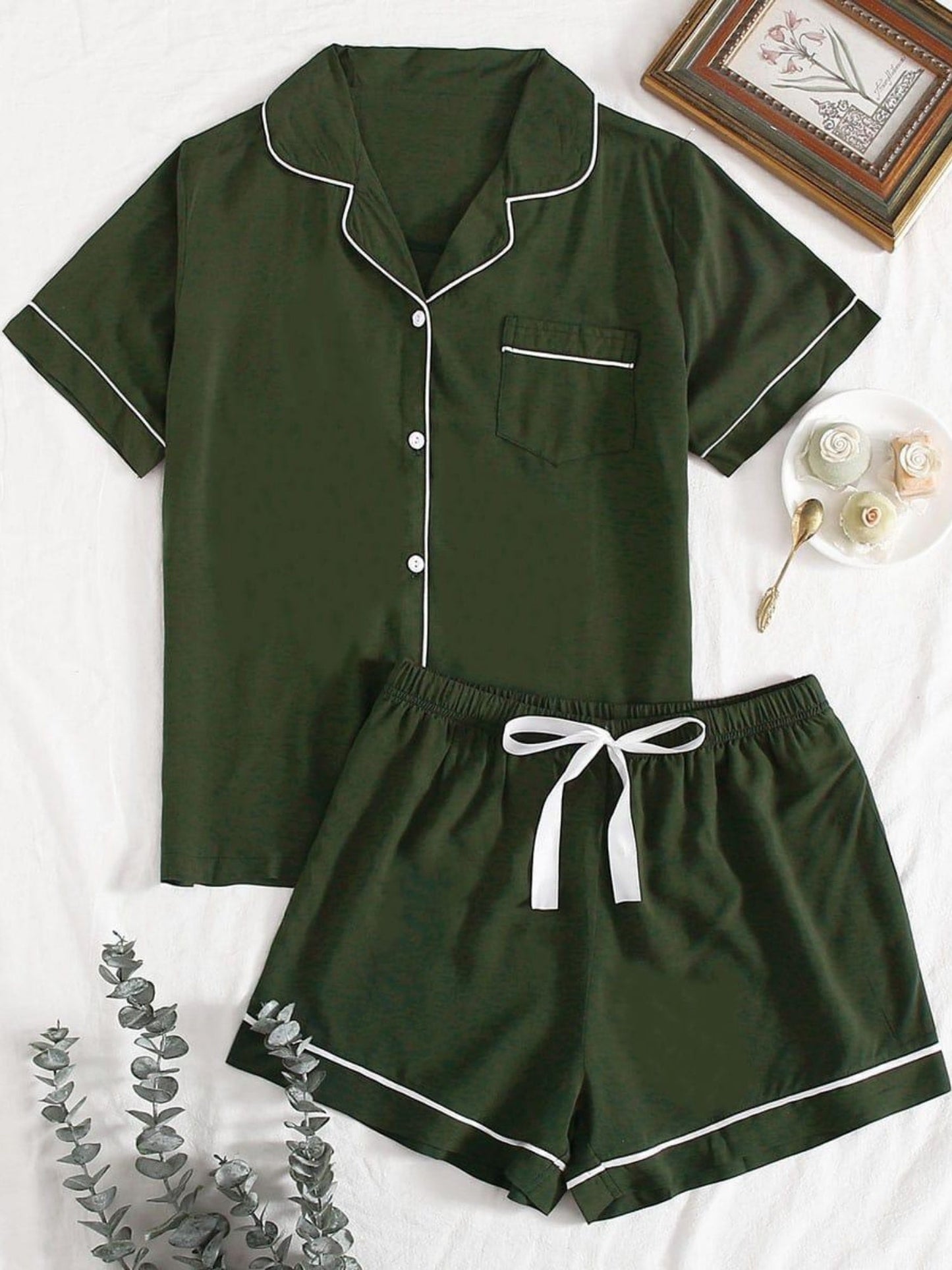 Solid Color Trim Short Sleeves And Shorts Two-piece Loungewear Set