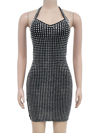 Neckband Rhinestone-studded Slim-fit Hip Wrap Sparkling Party Party Mini&Short Dresses