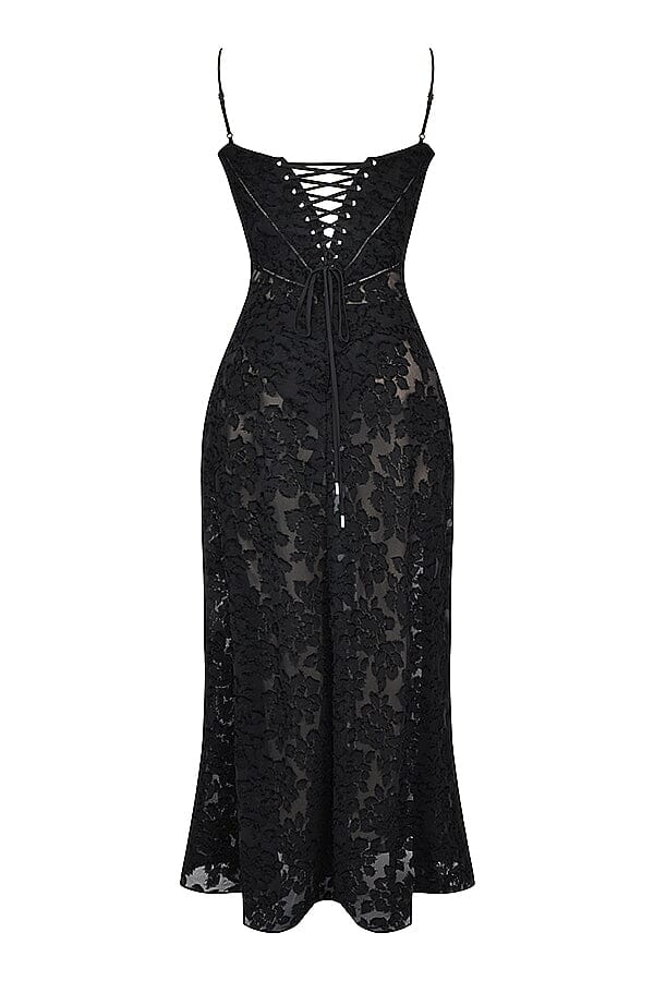 Floral Jacquard Spaghetti Strap Lace Up Corset Back Fit and Flare Maxi Dress