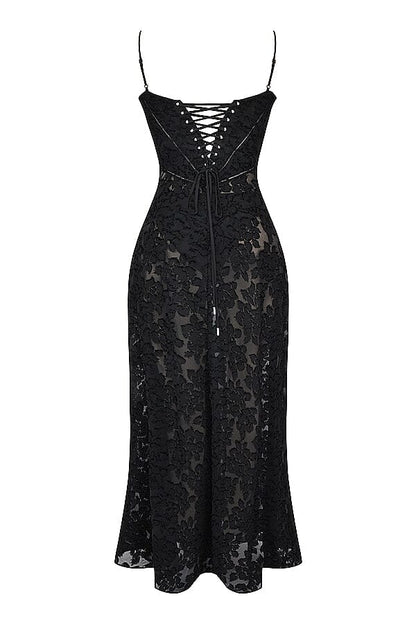Floral Jacquard Spaghetti Strap Lace Up Corset Back Fit and Flare Maxi Dress