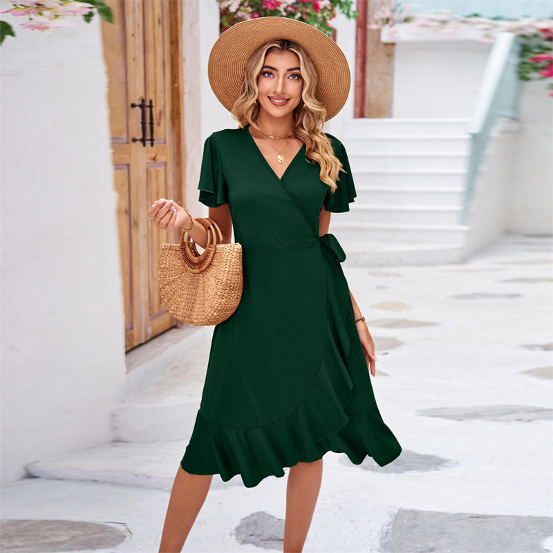 V-Neck Short Sleeve Irregular Midi Dress in Various Colors