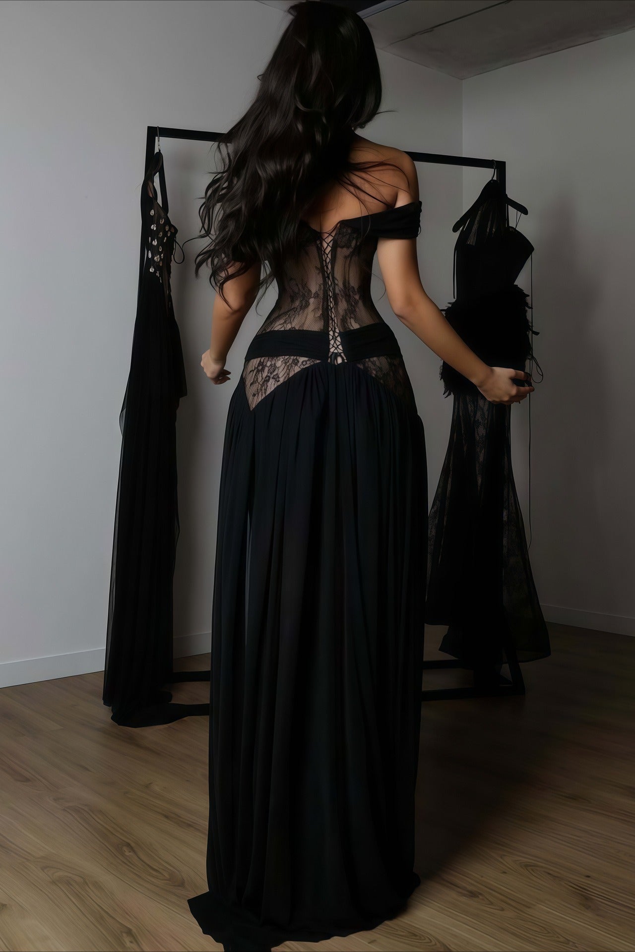 | Lace Patchwork Cutout Sheer Slit Maxi Dress