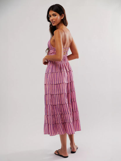 Bohemian Dress Layered Pleated Spaghetti Straps Backless Resort Midi Dresses