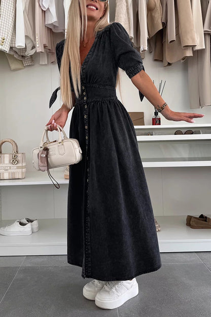 Solid Color V-neck Button-down Denim Midi Dress
