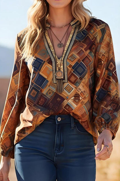 Bohemian-style Unique Print V-neck Long-sleeved Loose Top