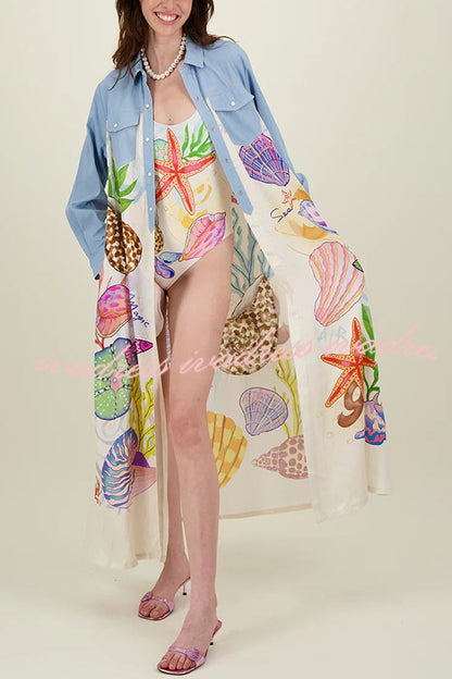 Take A Trip Marine Elements Unique Print Patchwork Pocketed Long Shirt Coat