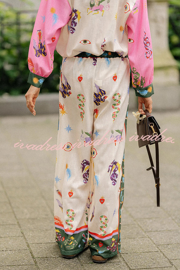 Mystery World Linen Blend Unique Print Loose Blouse and Elastic Waist Pocketed Pants Set