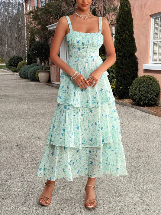 Maxi Dress Green Floral Ruffle Summer Sundress