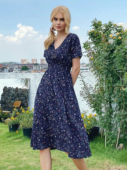Midi Dress V-Neck Short Sleeves Floral Printed   Chic Summer Dress