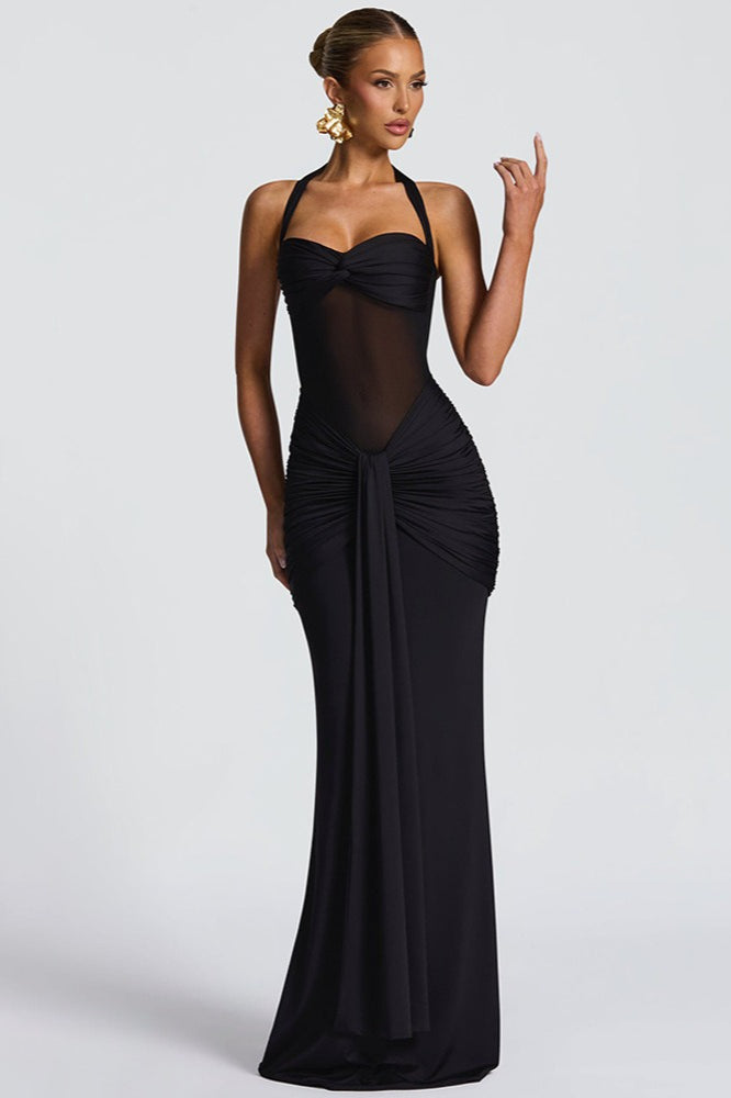 Halter Sweetheart Ruched Mesh Panel Cutout Front Drape Maxi Dress