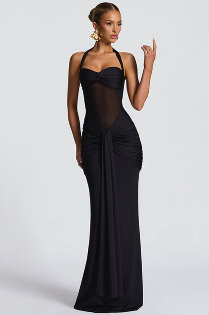 Halter Sweetheart Ruched Mesh Panel Cutout Front Drape Maxi Dress