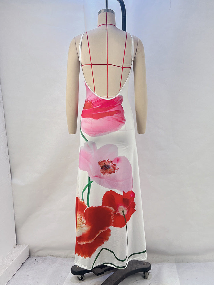 Floral Print Bodycon Maxi Slip Dress for Women - Spaghetti Strap Slim Fit Mermaid Sundress - Summer Beach Resort 2026