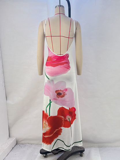Floral Print Bodycon Maxi Slip Dress for Women - Spaghetti Strap Slim Fit Mermaid Sundress - Summer Beach Resort 2026