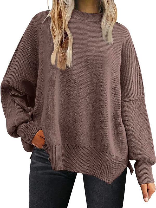 Solid Crew Neck Cape Sleeve Slit Sweater