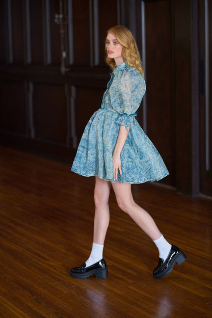 Floral Puff Sleeve Lace Up Doll Collar Mini Dress