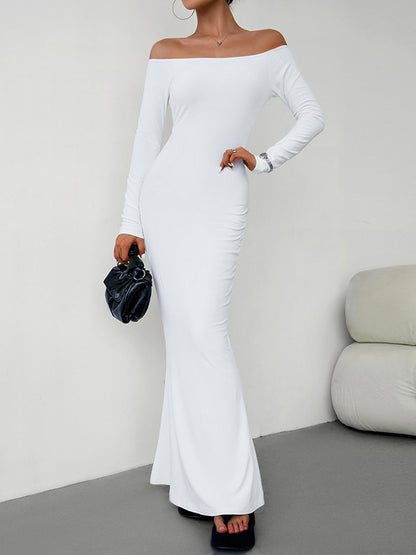 Bodycon Long Sleeves See-Through Solid Color Off-The-Shoulder Maxi Dresses
